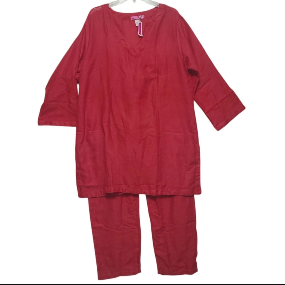 New Gauze Outfit Sz L Red Lagenlook VV Threads Travel Resort Tunica Top & Pants